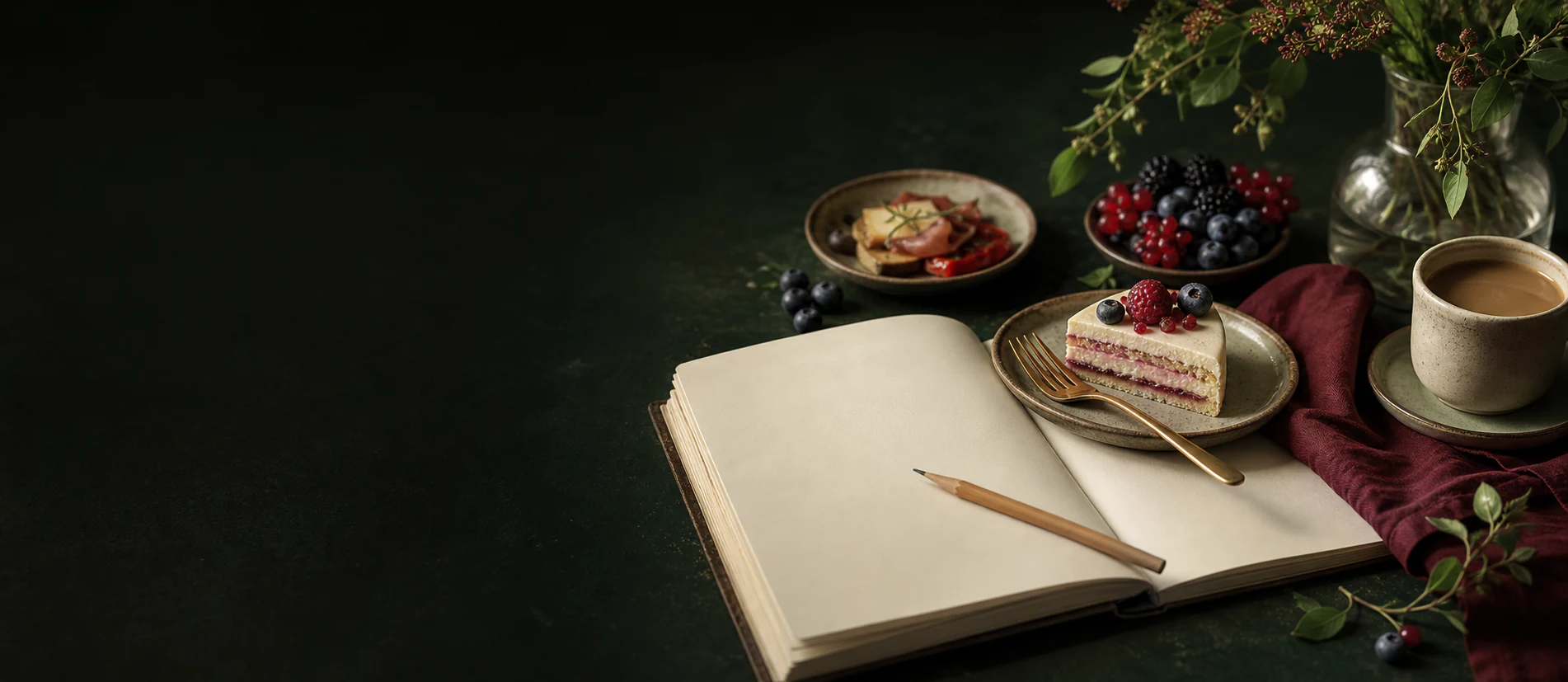 Åpen notatbok, cateringretter og kake i et redaksjonelt stilleben