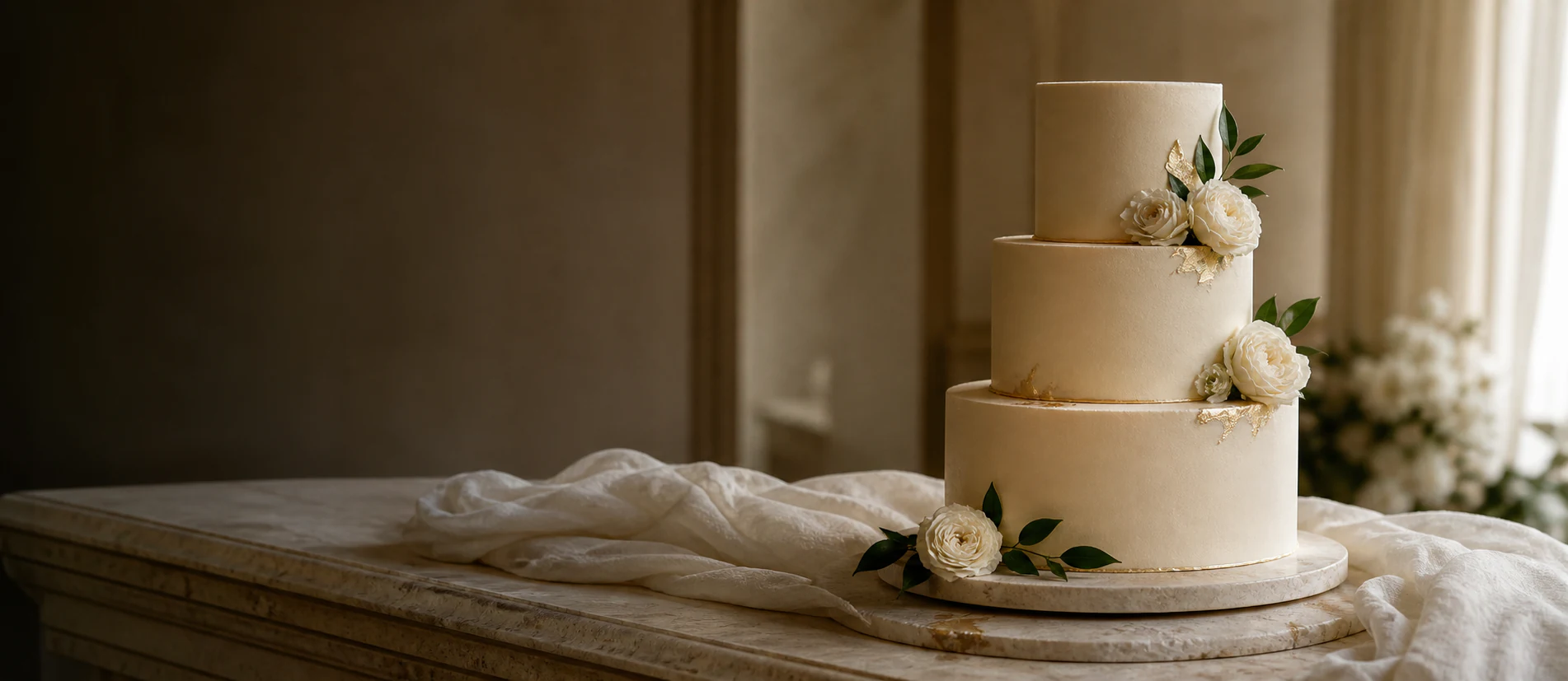 Håndlaget bryllupskake med hvite blomster og grønne detaljer
