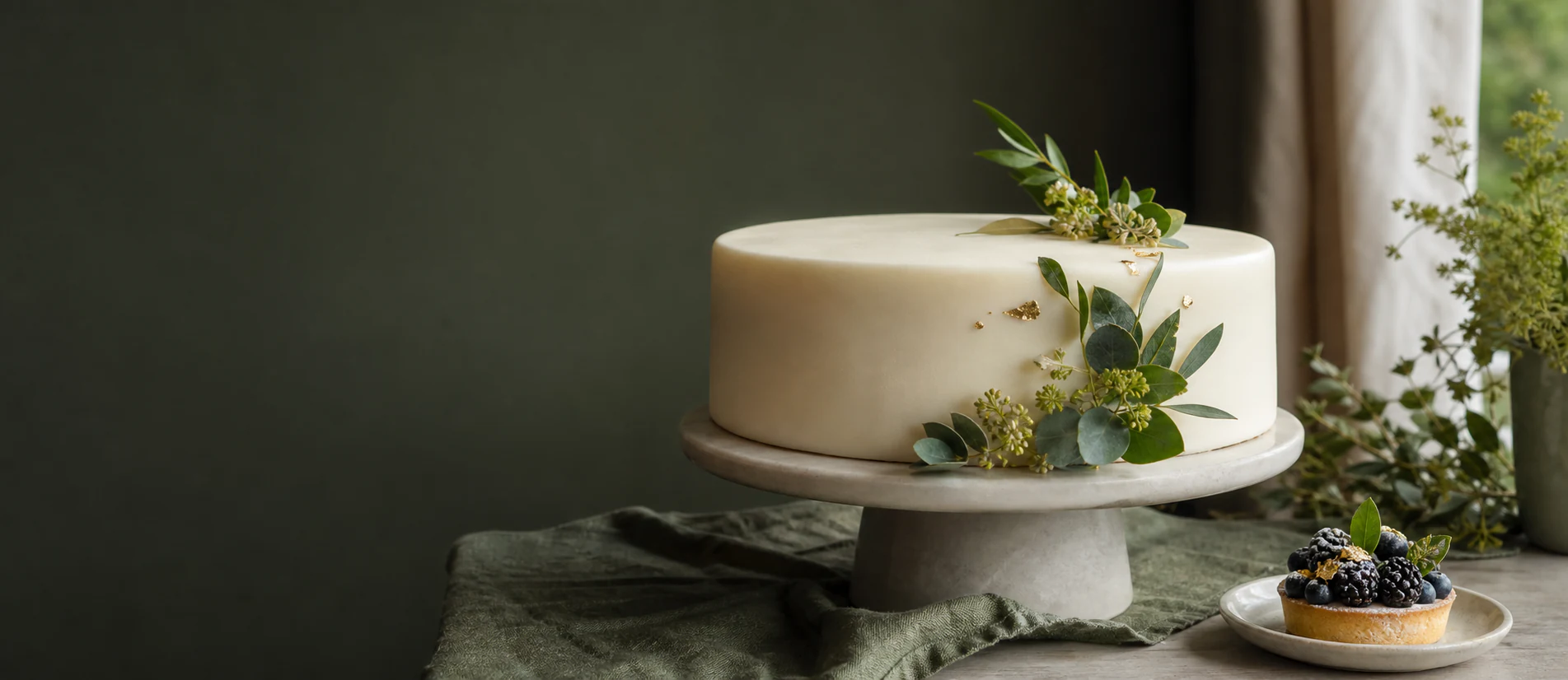 Elegant konfirmasjonskake med grønne og gylne detaljer